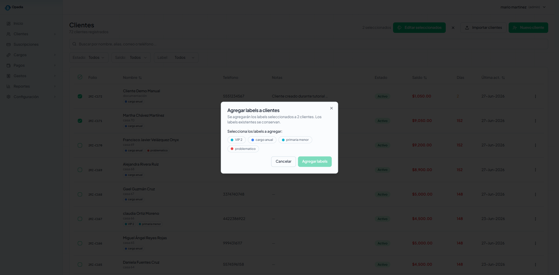 Modal agregar labels en lote