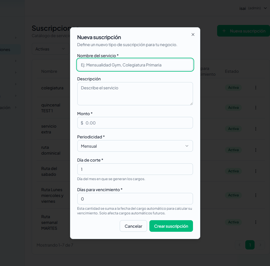 Modal para crear una suscripción con días para vencimiento