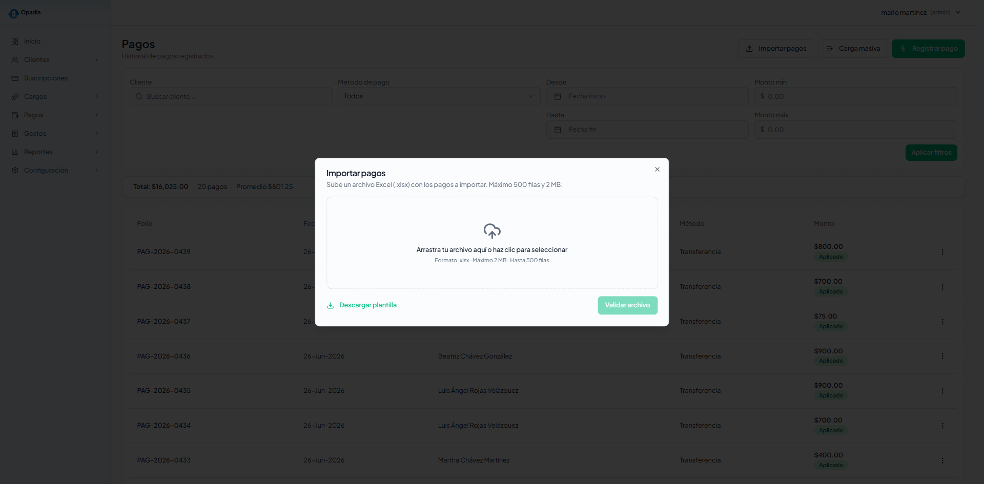 Modal importar pagos