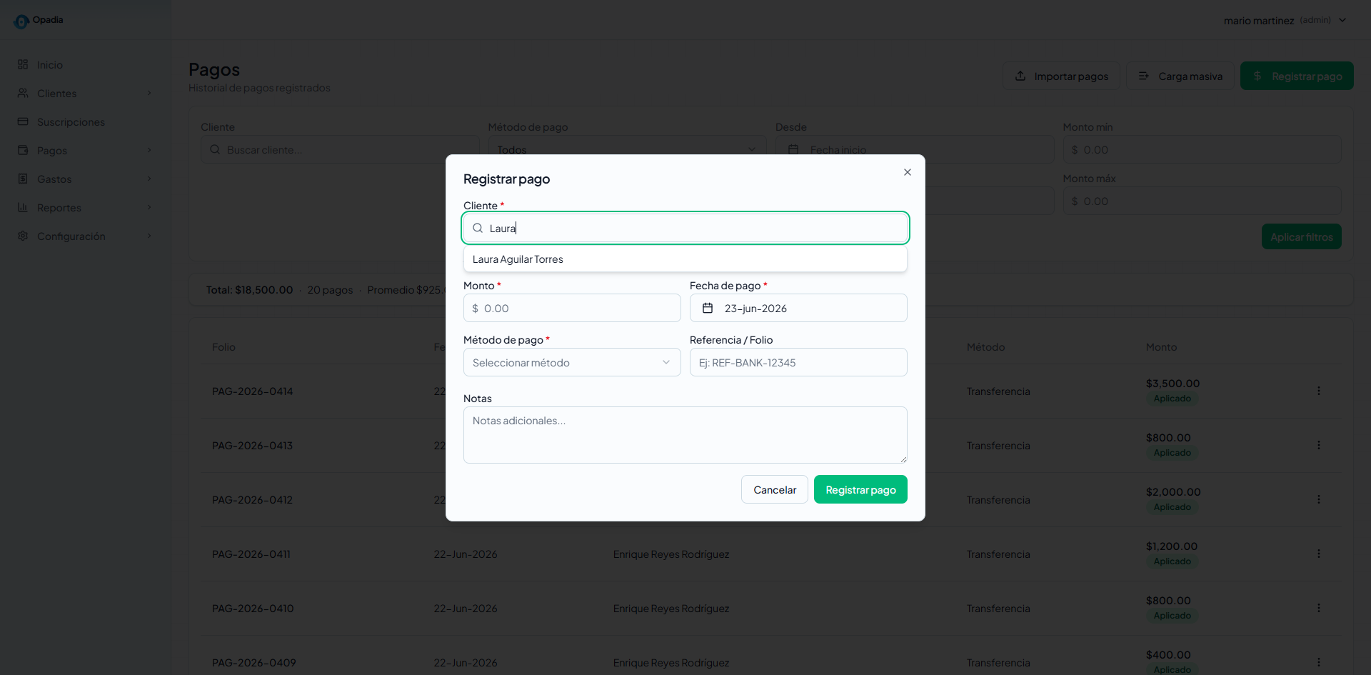 Búsqueda de cliente en modal