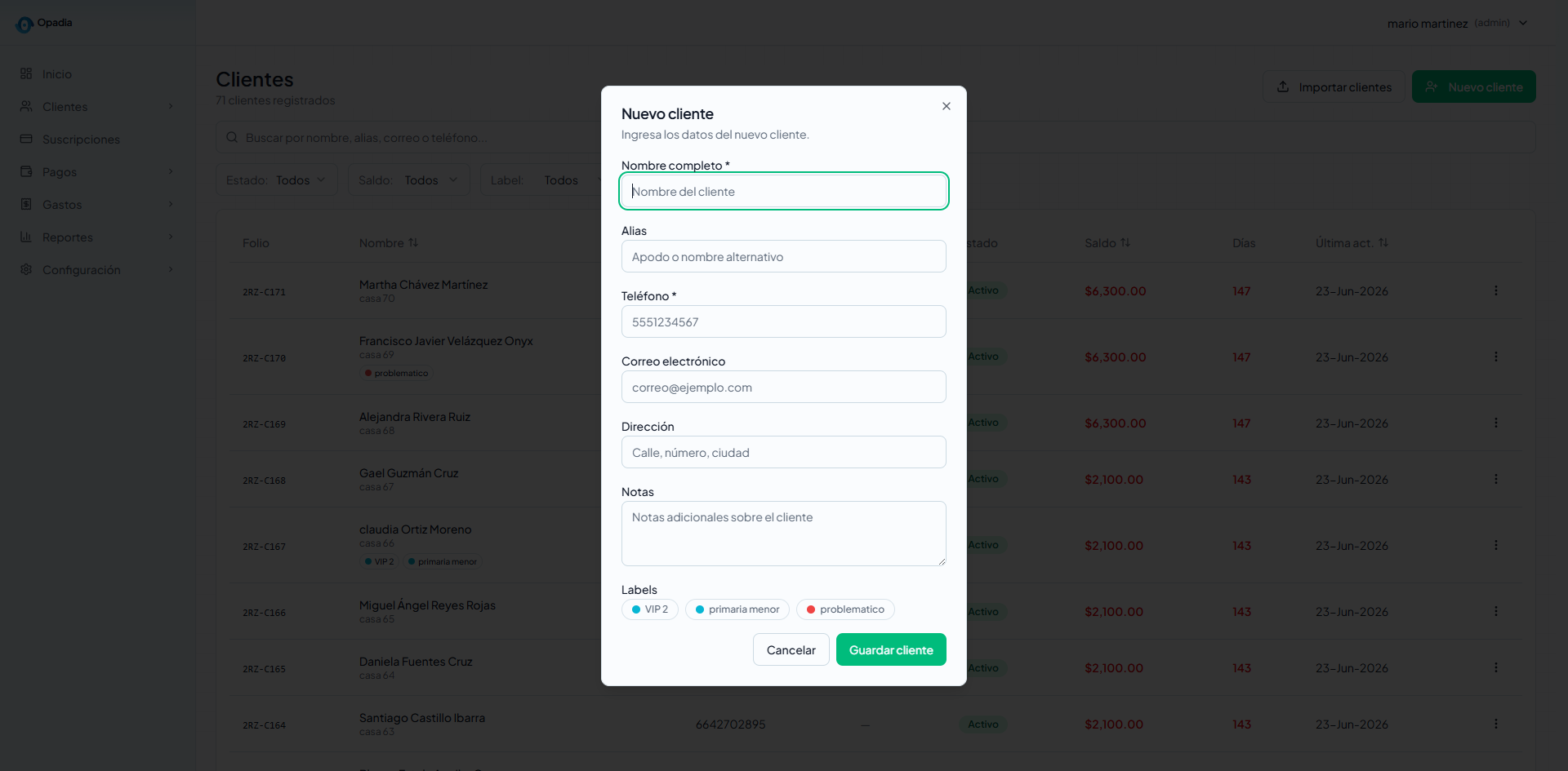 Modal nuevo cliente