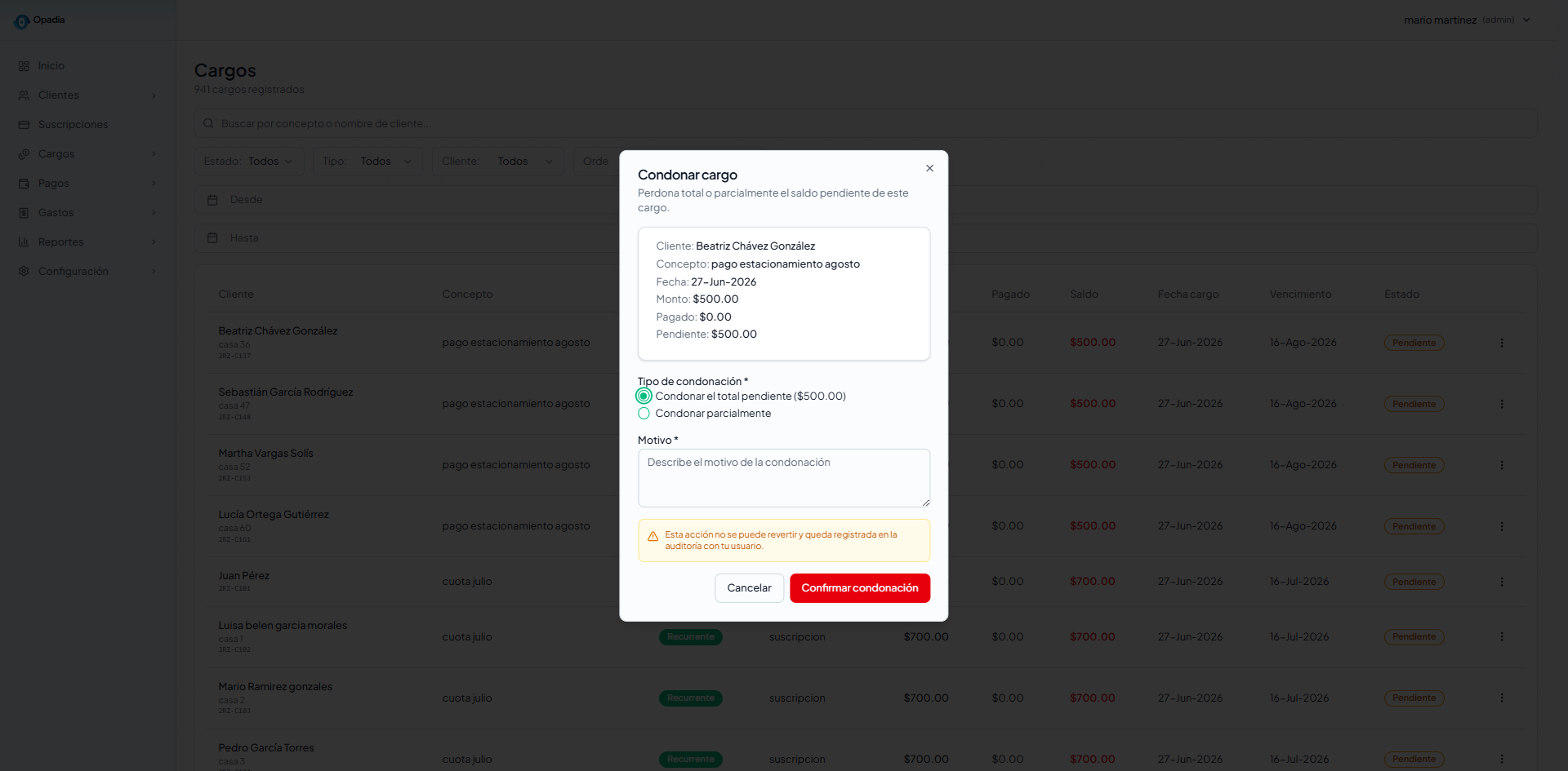 Modal condonar cargo